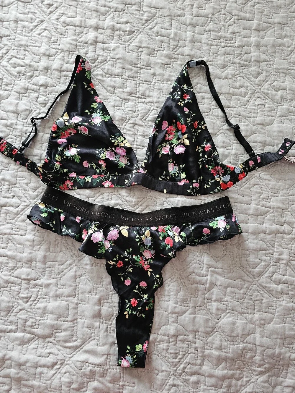 Victoria's Secret Black Floral Satin Bralette & Ruffle Thong Set